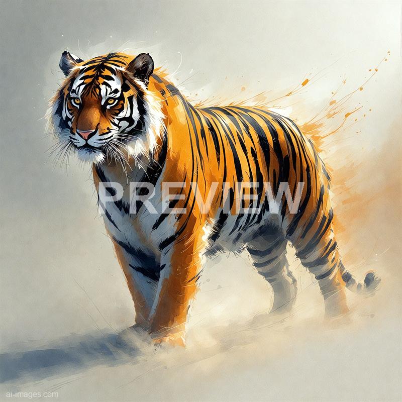 The image depicts a realistic digital painting of a tiger standing on a light-colored, slightly textured background. The tiger is facing forward with its body slightly turned to the side, showcasing its striking orange coat with bold black stripes, white fur around the face and chest, and piercing yellow eyes. There are artistic splashes and brushstrokes around the tiger, giving the image a dynamic and energetic feel. The overall composition emphasizes the powerful presence and majestic appearance of the tiger.